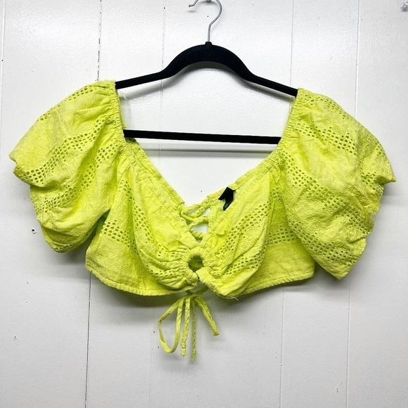 Wild Fable Lime Green Eyelet Lace Up Coquette Cropped Top Medium Puff Sleeves - Picture 1 of 11